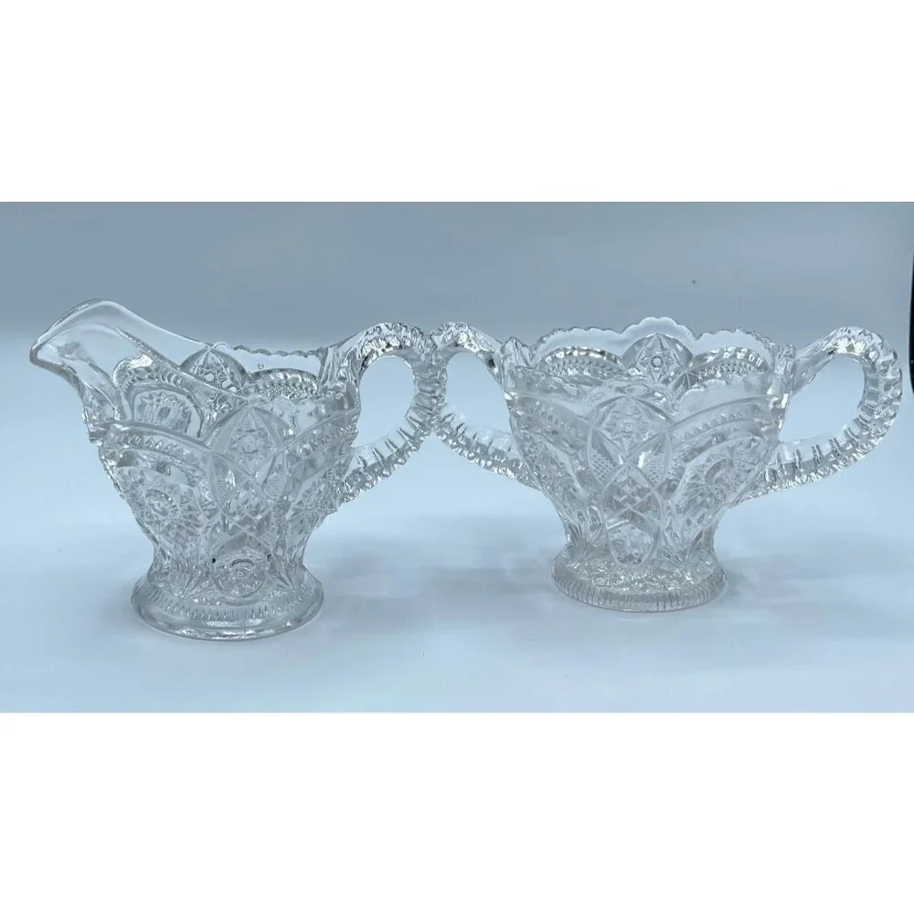 Glass Creamer and Open Sugar Bowl Clear Cut Glass Set
